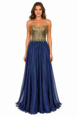 2000s Glow Dress Blue Chiffon Beaded Prom Gown Gold Sequin Formal Strapless S